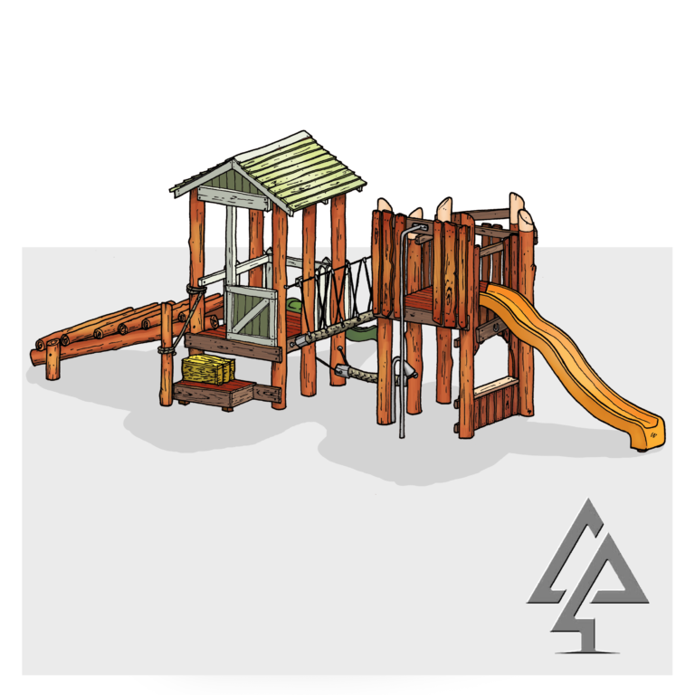 Giddy-Up Forts | Transform your playground with the Giddy-Up Forts — a dual-level West Australian Jarrah play structure combining a themed stable shopfront, suspended rope rocker, fireman's pole, and two slides for multi-age adventure. | VRI