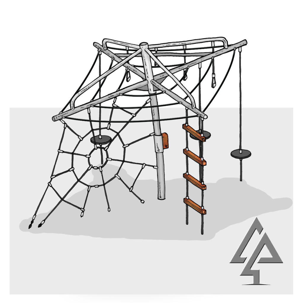Clothesline Climber | Inspire adventure with the Clothesline Climber — a hot-dip galvanised steel multi-challenge climbing frame reimagining the iconic rotary clothesline with West Australian Jarrah elements, spider web net and pommel traverse. | VRIv