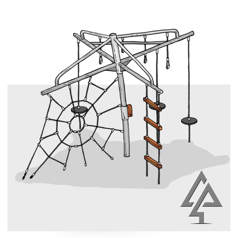432-CLC Clothesline Climber — product concept illustration showing spider web net, chain-suspended rope ladder and pommel disc traverse, VRI commercial playground equipment