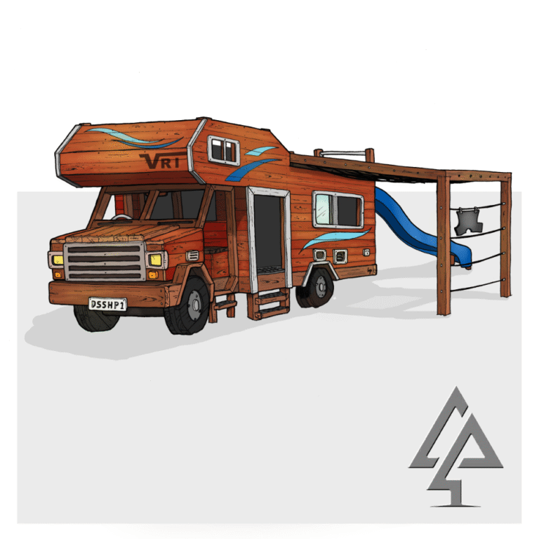 Motorhome | Transform your holiday park or hospitality venue with the Motorhome — a life-size West Australian Jarrah play structure packed with imaginative features, from a detailed driver's cabin to a 1.8m double slide. | VRI