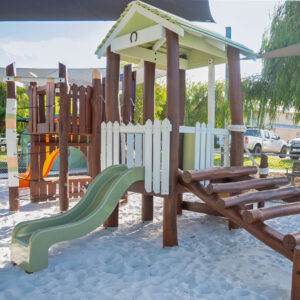 172-GFO Giddy-Up Forts — main Jarrah adventure fort with orange slide under shade sail, Parmelia Park Fremantle