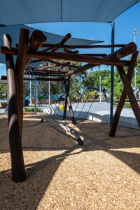 Van Ryt Industries 241-VWN Viking Swing with Nest Top — alternate side view showing angled Jarrah posts and suspended rope nest under shade sail, Perth WA