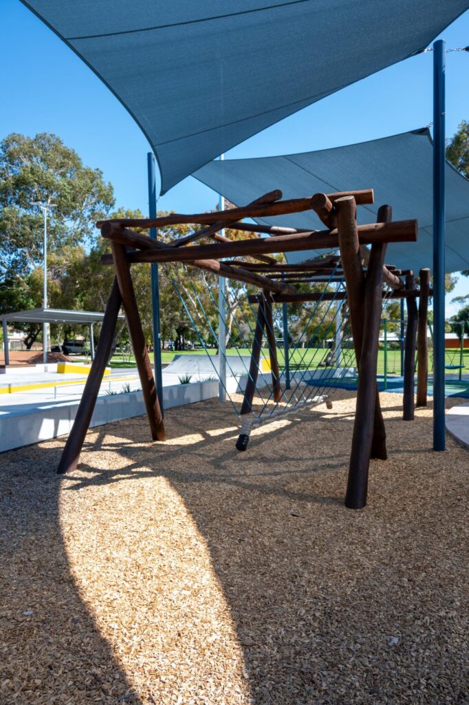 Van Ryt Industries 241-VWN Viking Swing with Nest Top — Jarrah timber A-frame with blue rope nest platform at Wilson Park, Western Australia