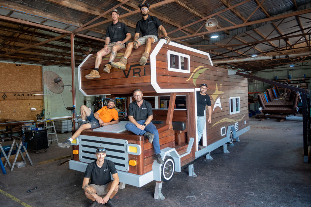 Van Ryt Industries workshop team with the completed 524-MTH Motorhome — handcrafted playground equipment O’Connor WA