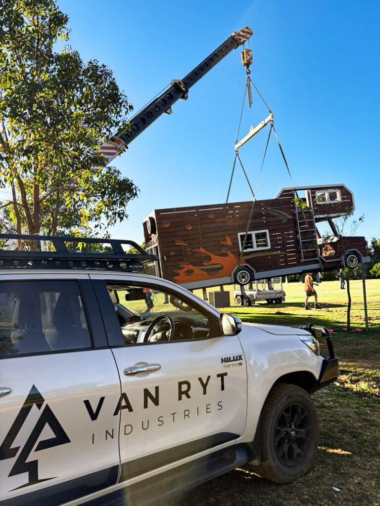 Van Ryt Industries crane lift installing the 524-MTH Motorhome at BIG4 Dunsborough — holiday park playground equipment installation WA