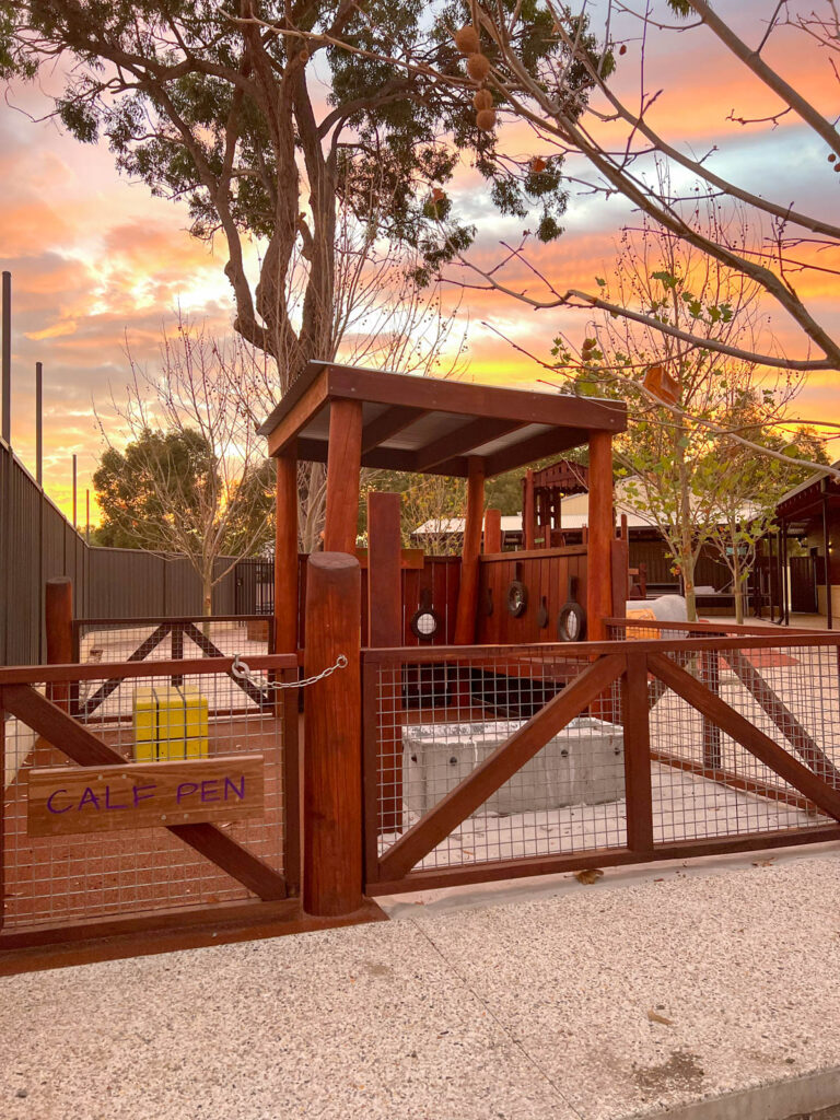 Calf Pen toddler zone with Jarrah bush pole gate and chain mesh fencing at Charlie's Paddock playground