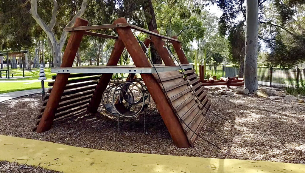 Custom steel and timber spider tunnel and circular climbing structure at Maylands Waterland splash pad Perth