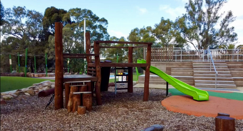 Timber nature play structure with log scramble elements at Maylands Waterland Perth, custom-fabricated by VRI