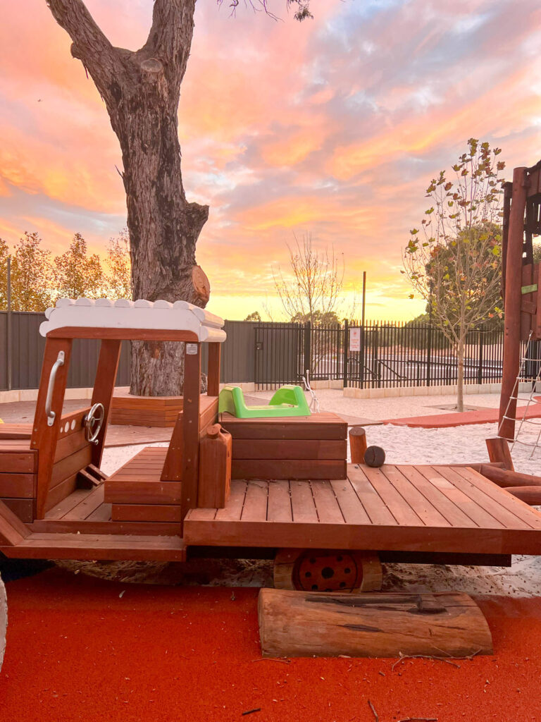 Timber Ute at sunset showing cabin