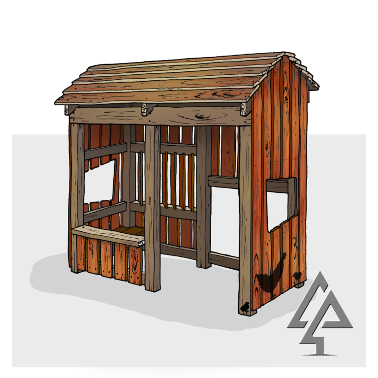 Junior Homestead Cubby | Spark rural-themed imaginative play with our Junior Homestead Cubby, handcrafted from West Australian Jarrah hardwood with a gable roof, servery bench, angled louvres, and hand-burnt chicken motifs. | VRI