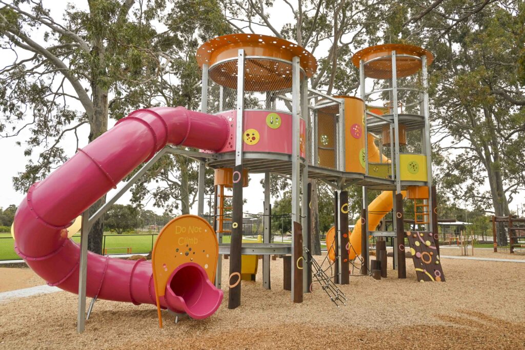 custom playground equipment Perth Maniana Mania Towers pink slide Maniana Park by Van Ryt Industries