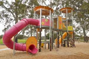 custom playground equipment Perth Maniana Mania Towers pink slide Maniana Park by Van Ryt Industries