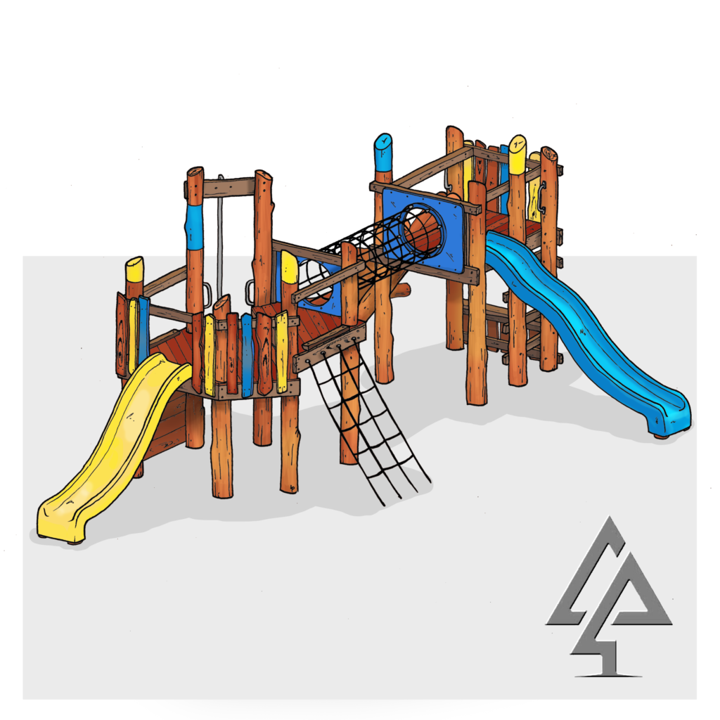 The Mosman Forts concept illustration shows two linked Jarrah timber fort platforms connected by a rope tunnel bridge, with yellow and blue wave slides, log scramble access, and a coloured rock climbing wall.