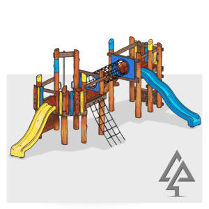 The Mosman Forts concept illustration shows two linked Jarrah timber fort platforms connected by a rope tunnel bridge, with yellow and blue wave slides, log scramble access, and a coloured rock climbing wall.