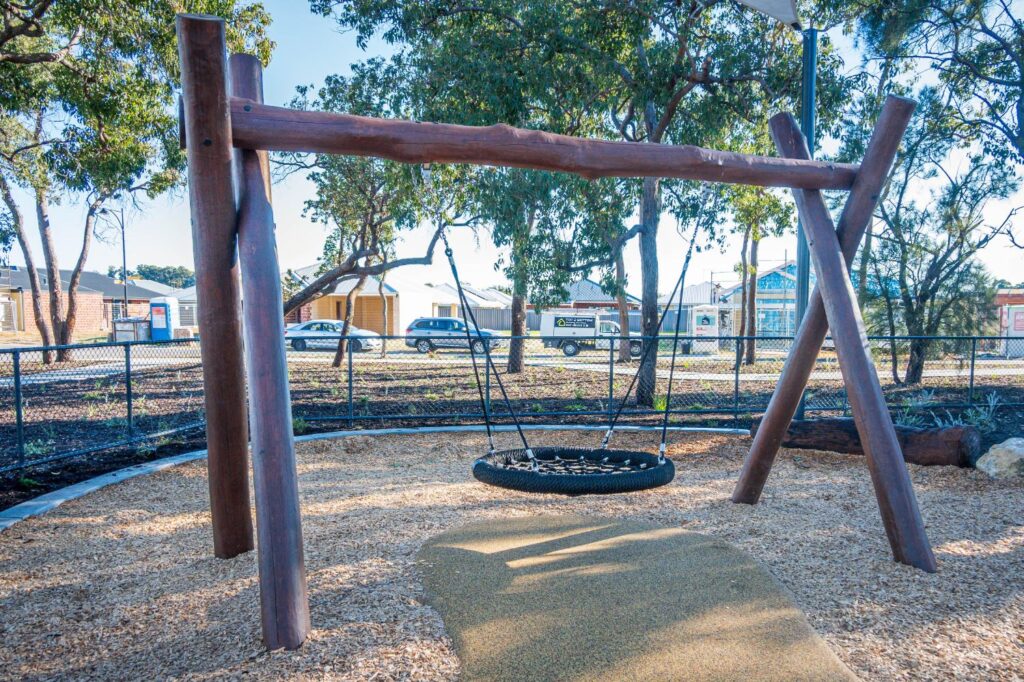 Jarrah timber A-frame basket swing at Baldivis Parks Stage 17 playground Baldivis, built by Van Ryt Industries