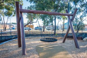 Jarrah timber A-frame basket swing at Baldivis Parks Stage 17 playground Baldivis, built by Van Ryt Industries
