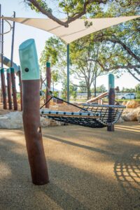 Swinging hammock with angled timber pole and rope net at Baldivis Parks Stage 17 playground