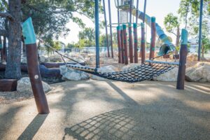 Swinging hammock and stilt steppers with Jarrah timber at Baldivis Parks Stage 17 playground Baldivis