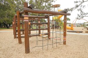 Maniana Monkey Climber alternate angle Jarrah post construction Maniana Park Queens Park by Van Ryt Industries
