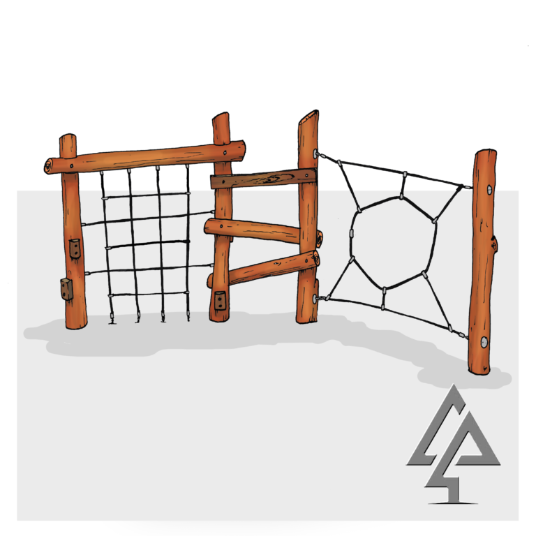 Ninja Combo Course 'B' | Challenge young adventurers with our Ninja Combo Course 'B' — a compact Jarrah rope course combining a vertical rope net, timber footholds ladder, and spidey hole net for sequential physical play. | Van Ryt Industries