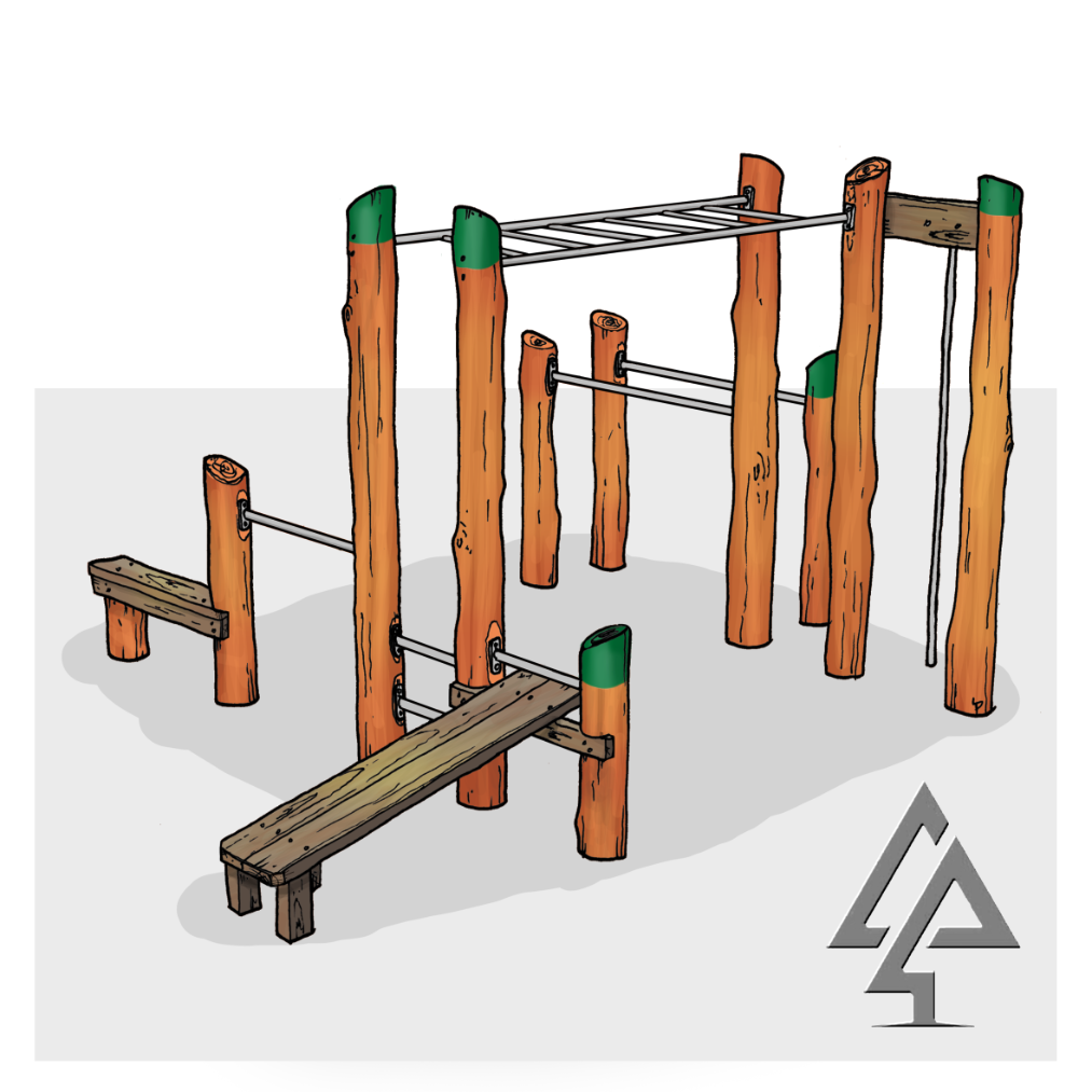 Fitness Combo A | Activate your park or school grounds with the Fitness Combo A — a West Australian Jarrah outdoor fitness station offering monkey bars, parallel bars, pull-up bar, incline sit-up bench, and vertical pole. | Van Ryt Industries